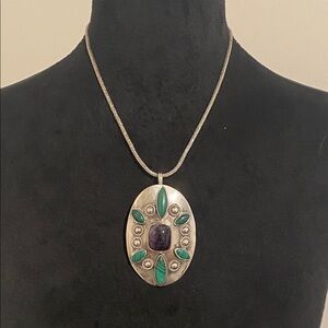 XL Vintage Native American Malachite & Amethyst Pendant